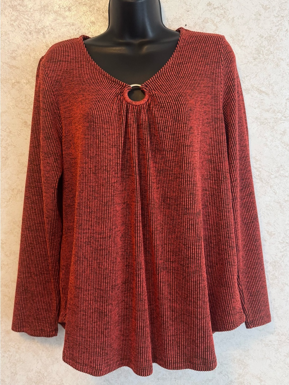 Ruby Rd Petite Size Medium Rust Color Stripe Metal Ring Keyhole Neck Long Sleeve